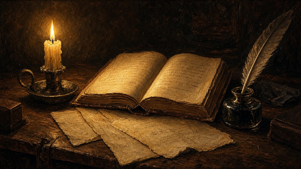 Candlelit desk with an open old book, quill and handwritten pages