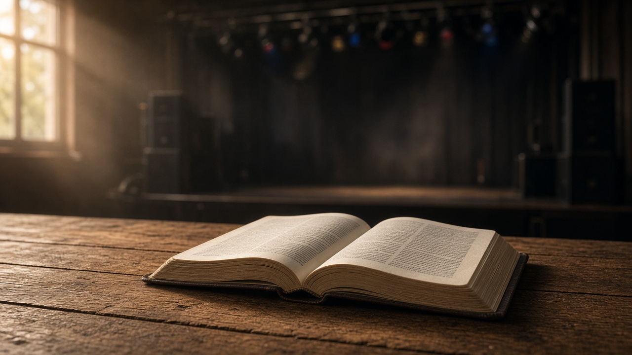 An open Bible on a wooden table in window light, with a dark, empty concert stage behind it