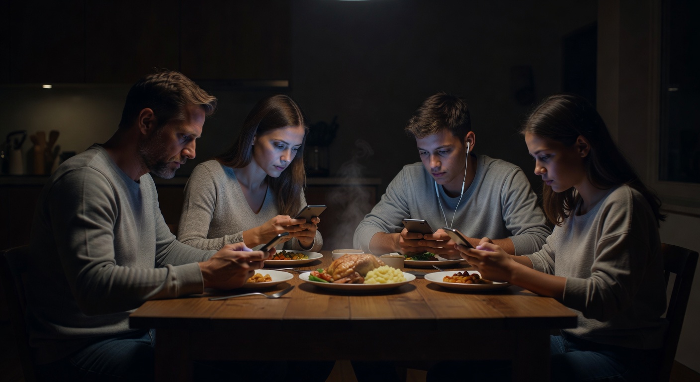 Modern family distracted by phones at the dinner table