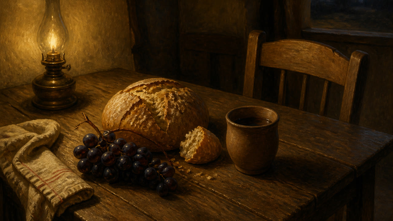 A lamplit farm table with bread, grapes, and an empty chair.