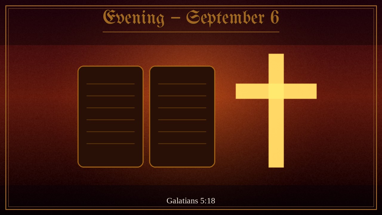 Empty stone tablets beside a glowing cross, Evening September 6