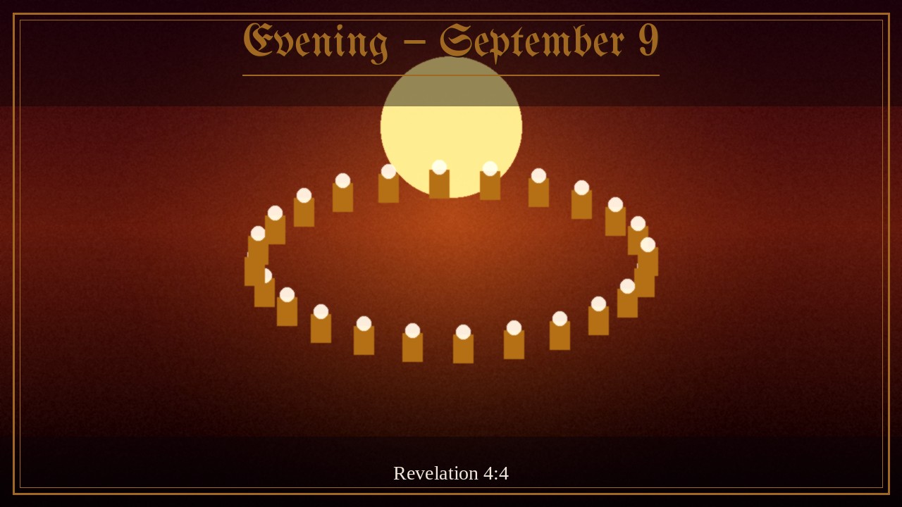 Circle of gold thrones around a blazing central light, Evening September 9