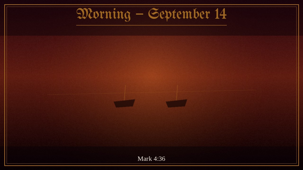 Small boats on dark Galilee under a gold calm after storm, Morning September 14