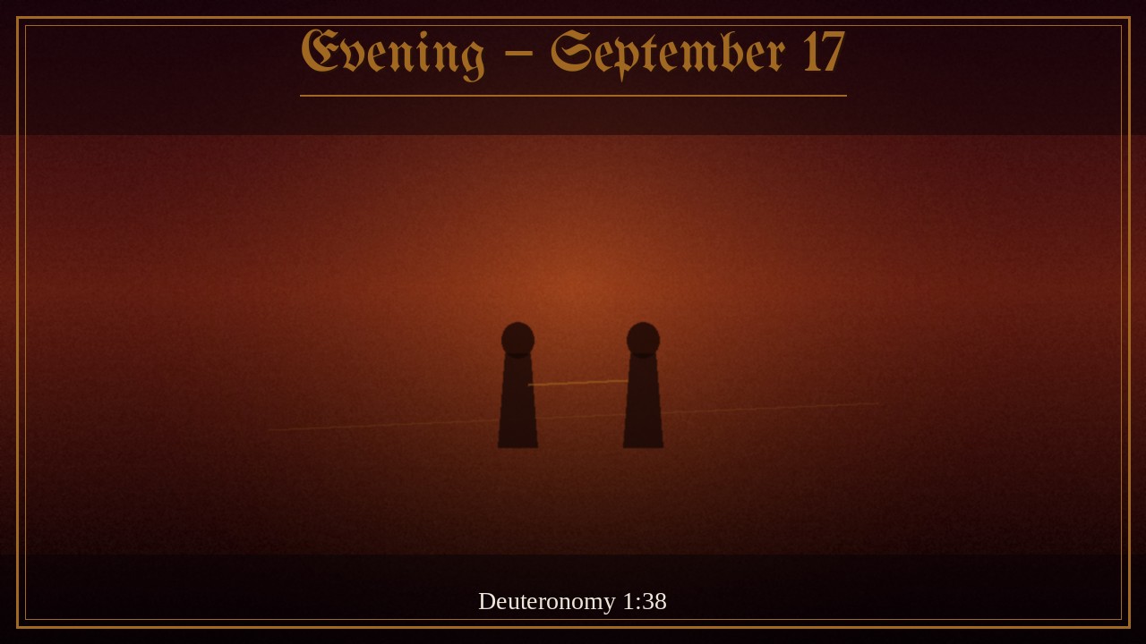 Two travelers on a wilderness road, one steadying the other in gold dusk, Evening September 17