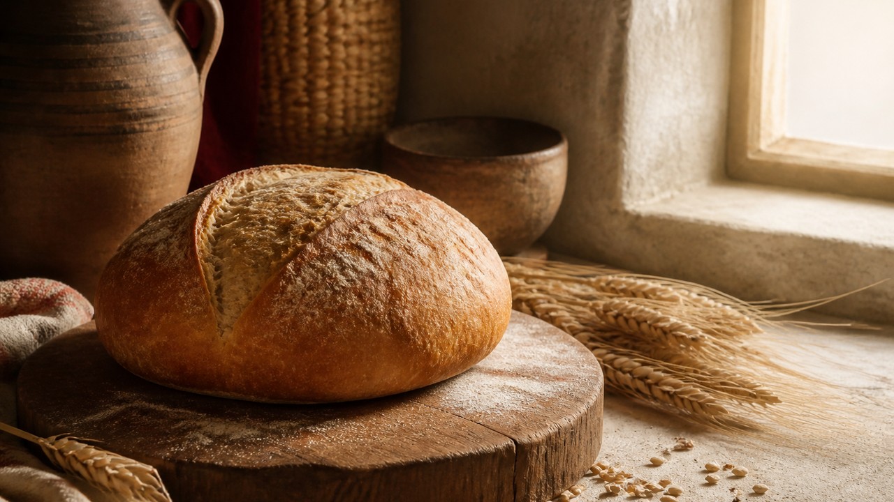 Rustic loaf of bread on a wooden board in warm window light — Bethlehem place of bread