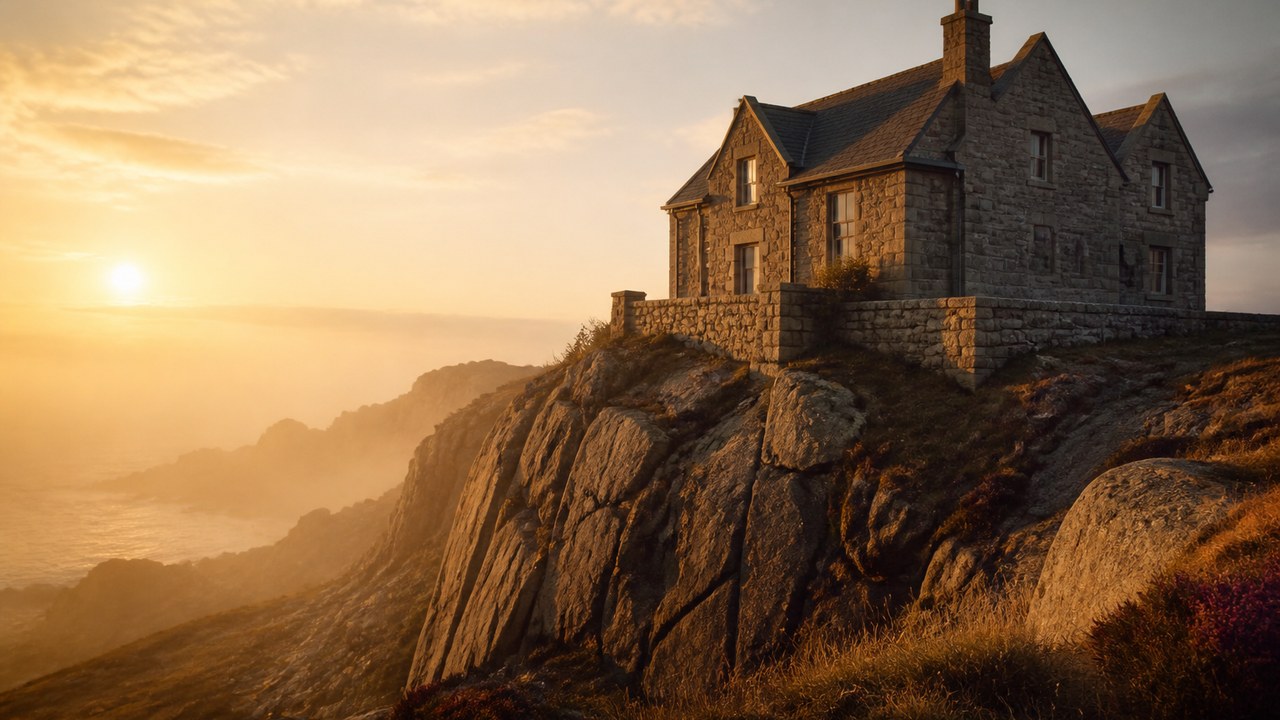 Stone house on rock at sunrise over misty water — faith that survives daylight