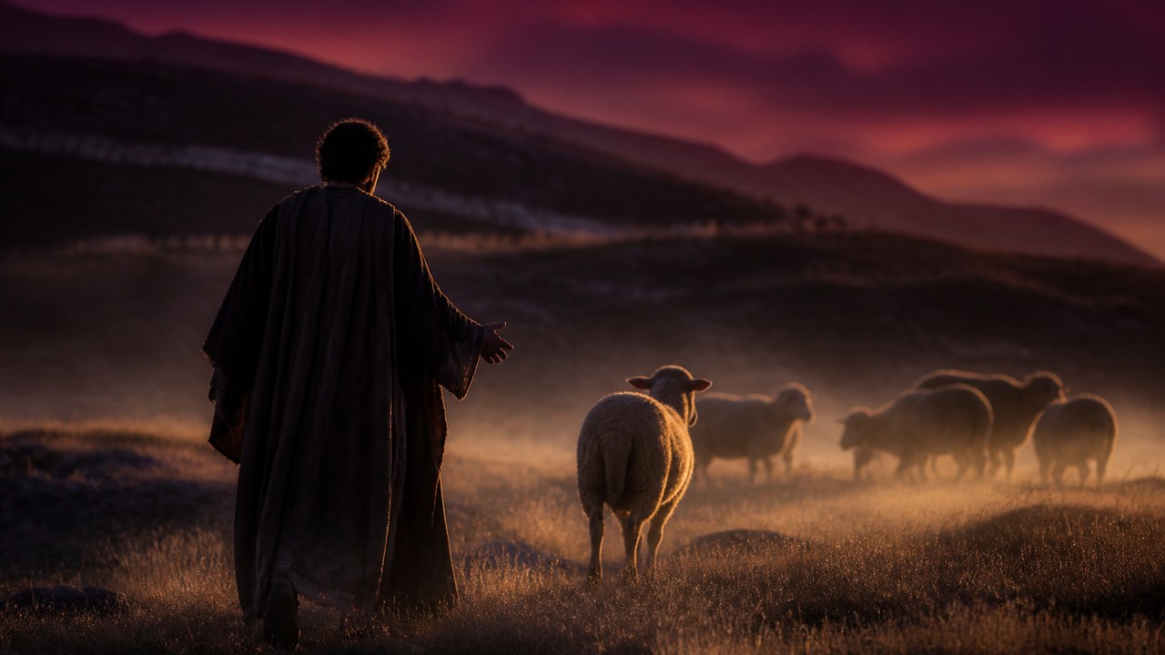 A shepherd at dusk calling his sheep by name