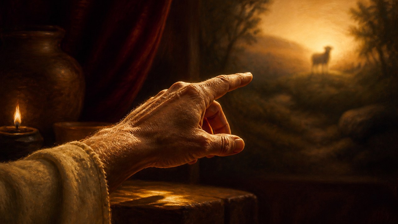 A hand in lamplight pointing toward a distant glow