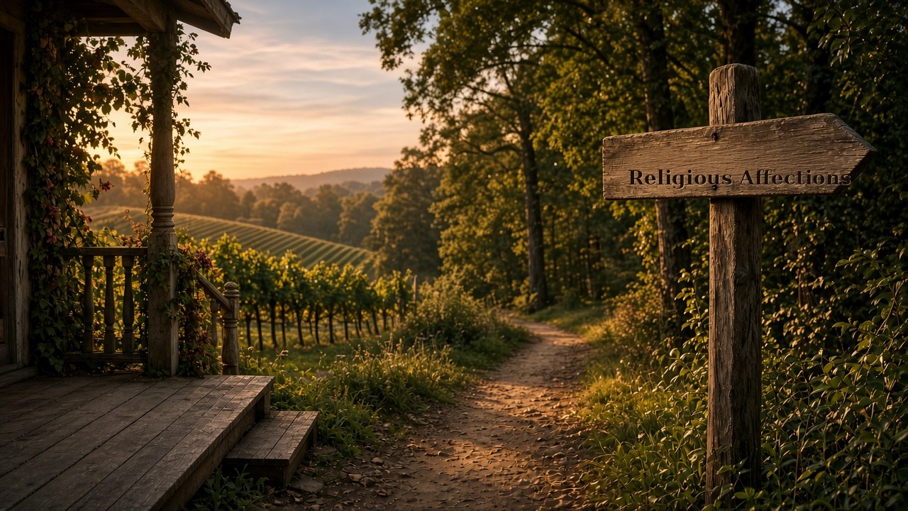 Wooden signpost pointing down a wooded path labeled Religious Affections