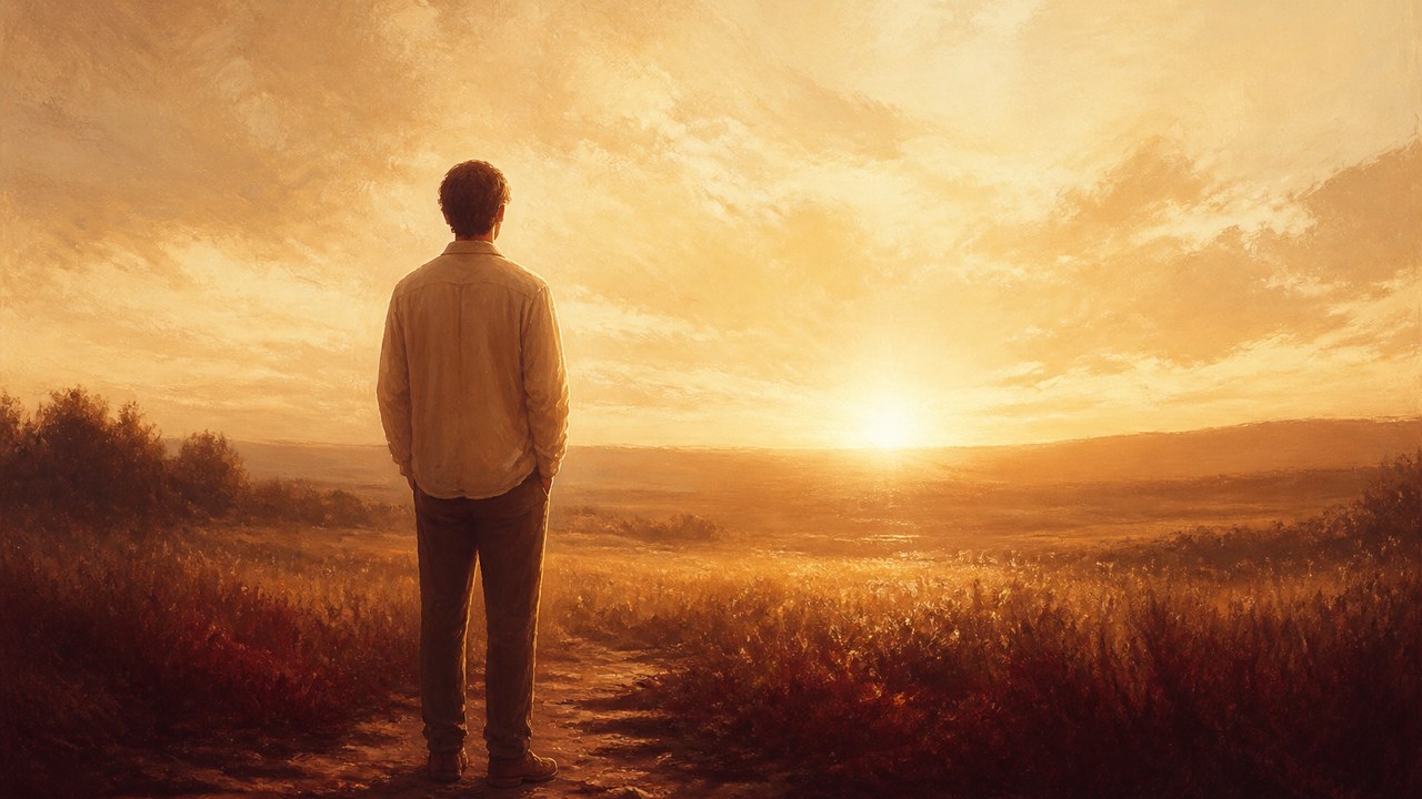 A whole figure standing in dawn light on good earth