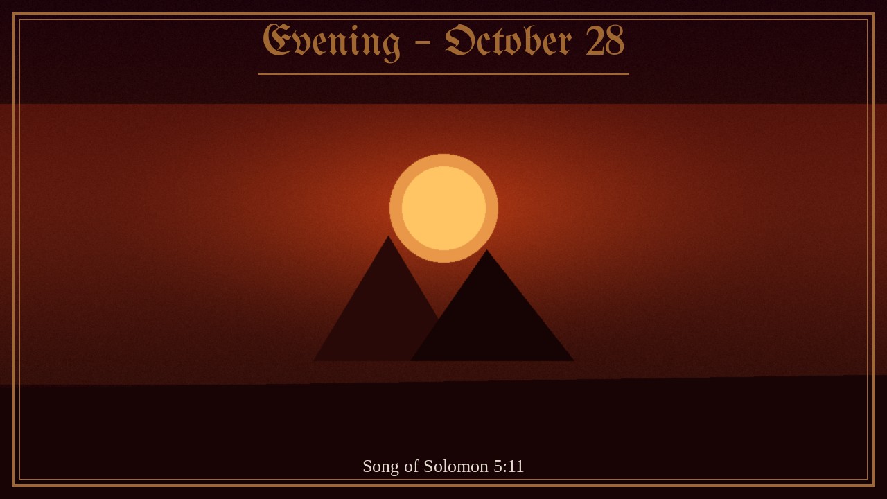 Sunrise over two hills in a gold frame, Evening October 28 Spurgeon devotional card
