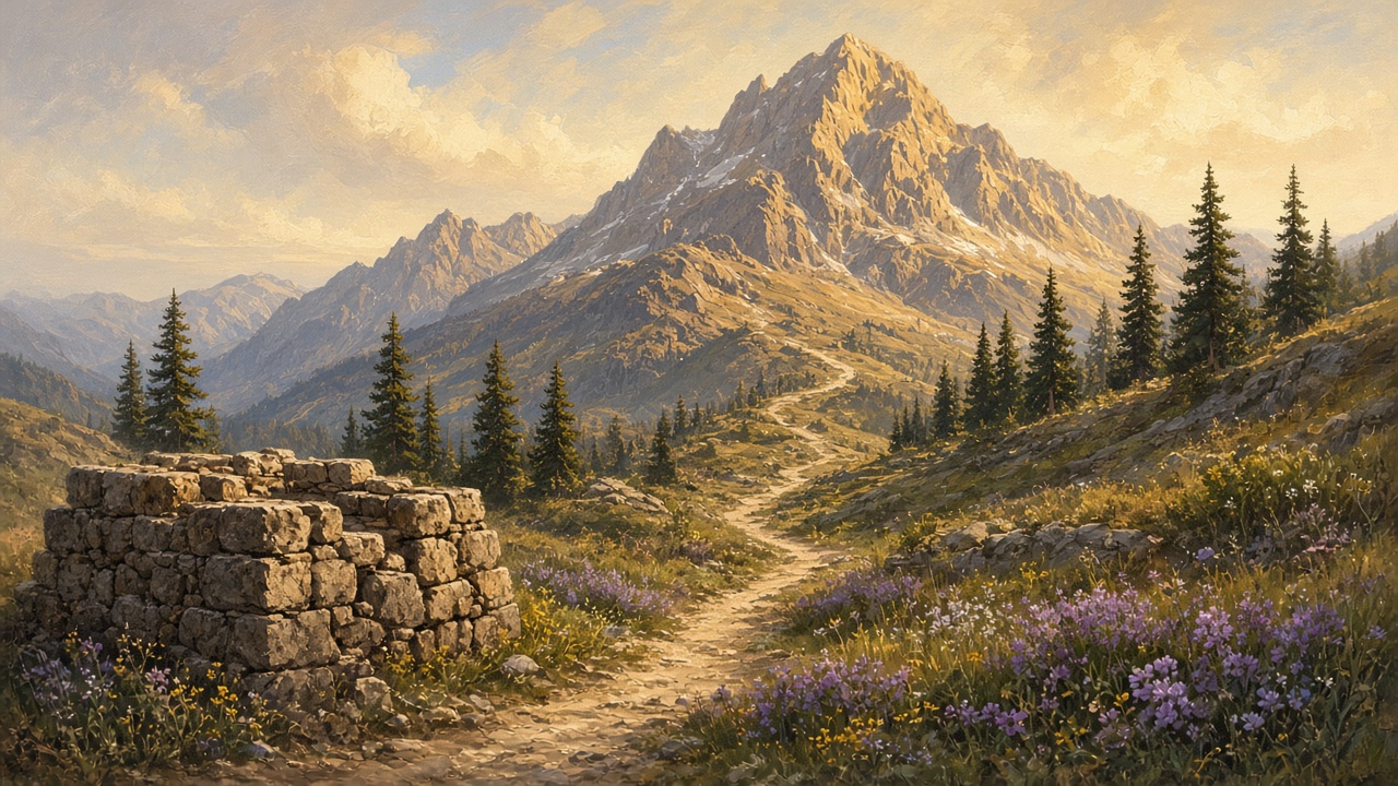 Stone foundation at the foot of a mountain with a trail climbing toward the summit