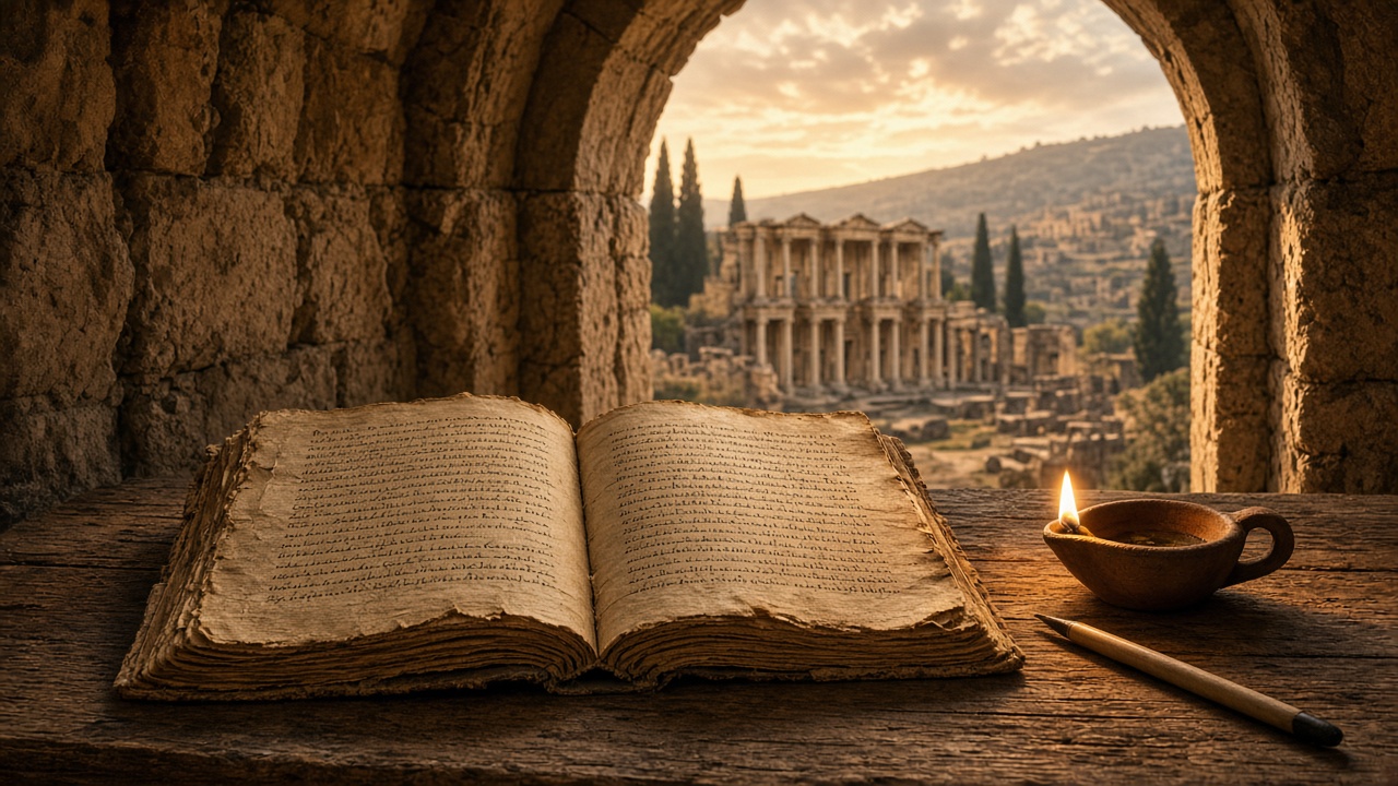Open ancient codex with reed pen and oil lamp, ruins of Ephesus beyond the window