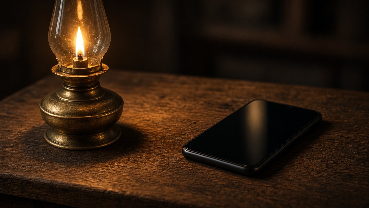 A warm oil lamp glowing on a wooden table beside a dark phone screen