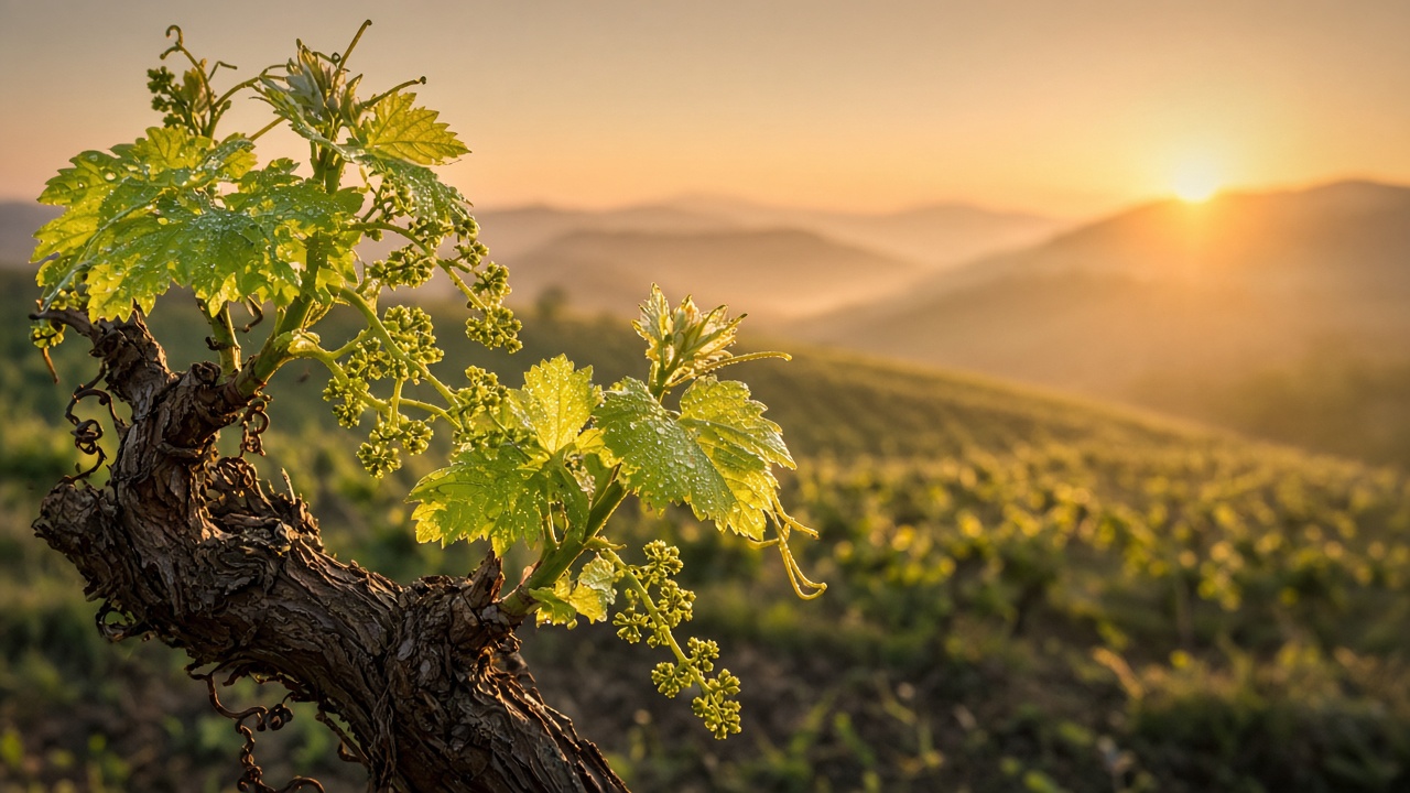 Grapevine budding with new leaves and small grape clusters at sunrise