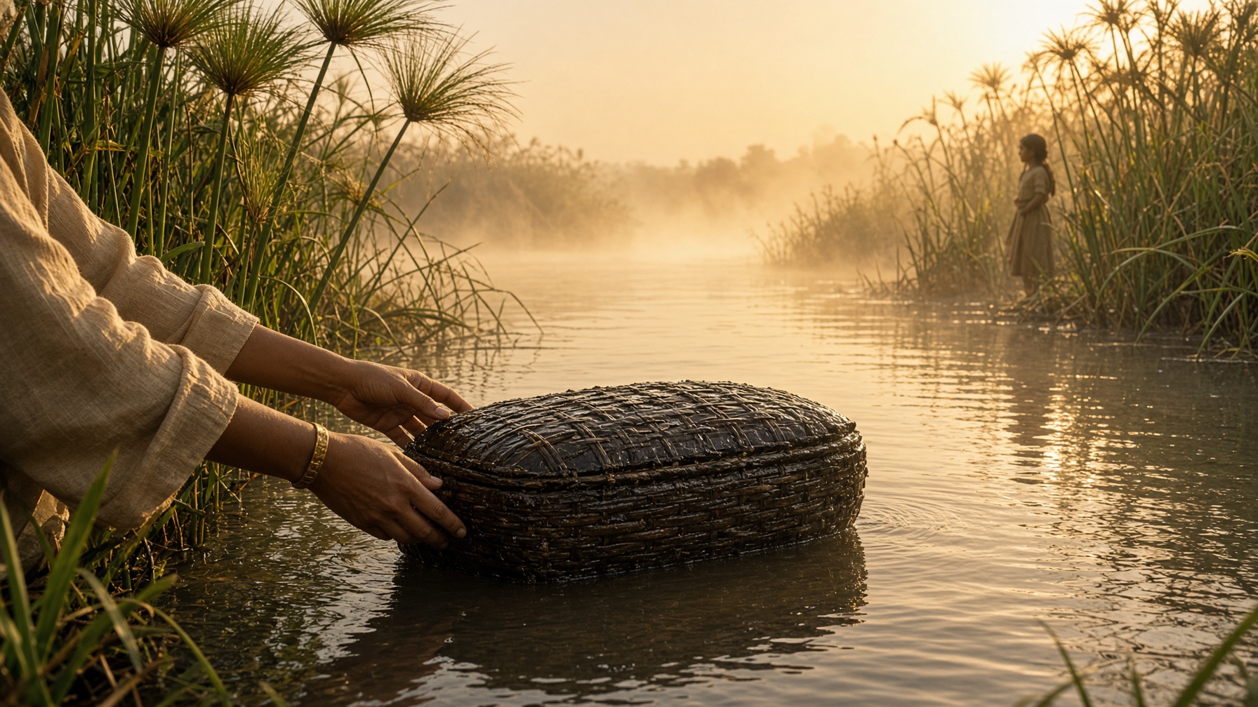Baby Moses in a sealed ark among the reeds of the Nile