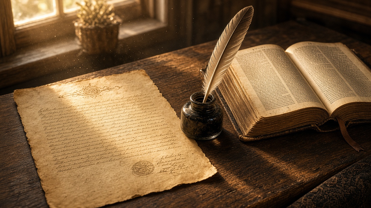 Old parchment document beside an open Bible on a wooden desk in warm window light