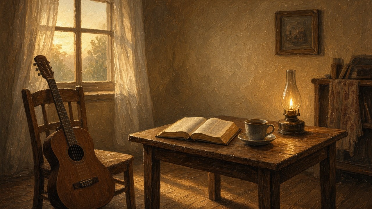 A quiet room at dawn with an acoustic guitar on a chair and an open Bible beside a glowing lamp.