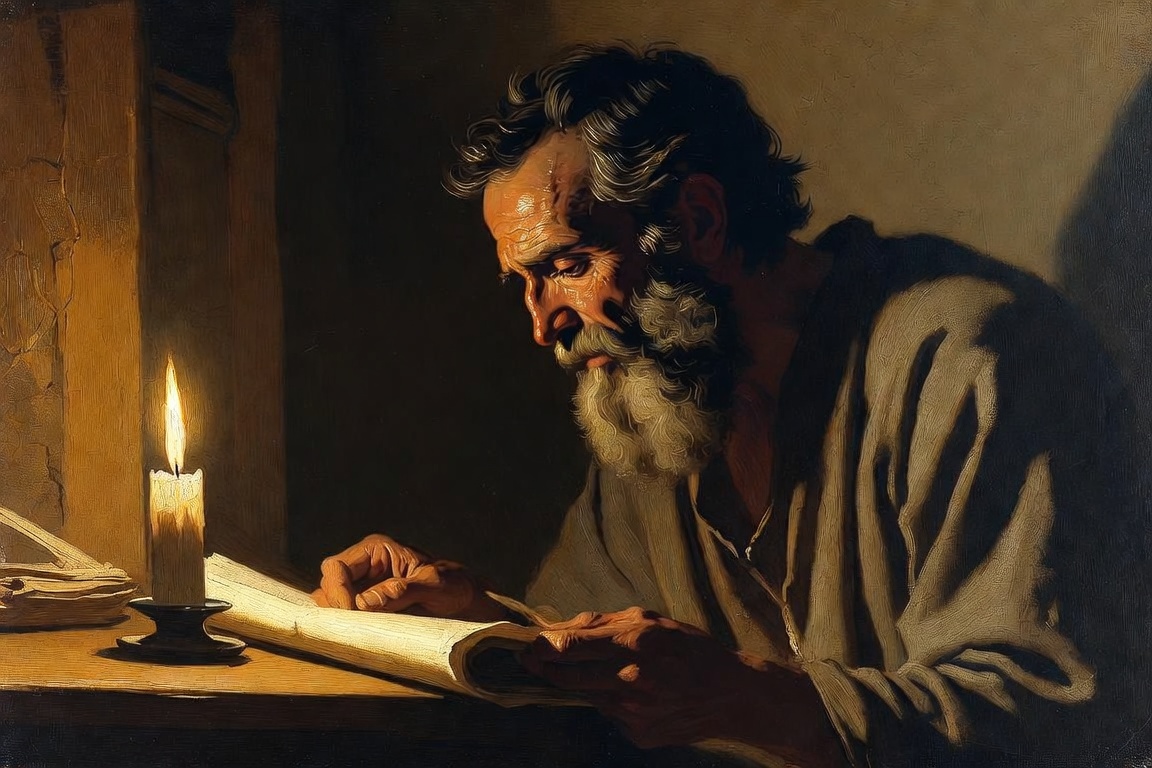 Gray-bearded apostle studying a letter by candlelight - 2 Peter 3:15-16 (Grok/xAI)