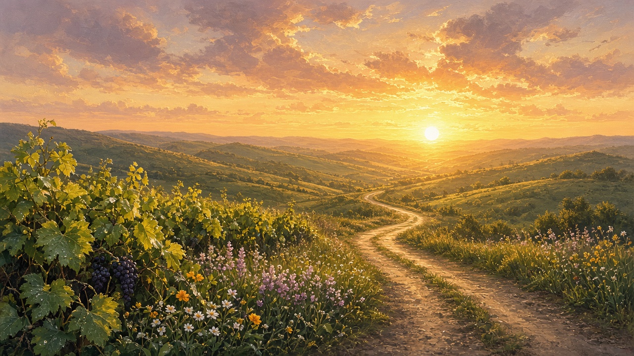 Open country road winding through hills toward sunrise